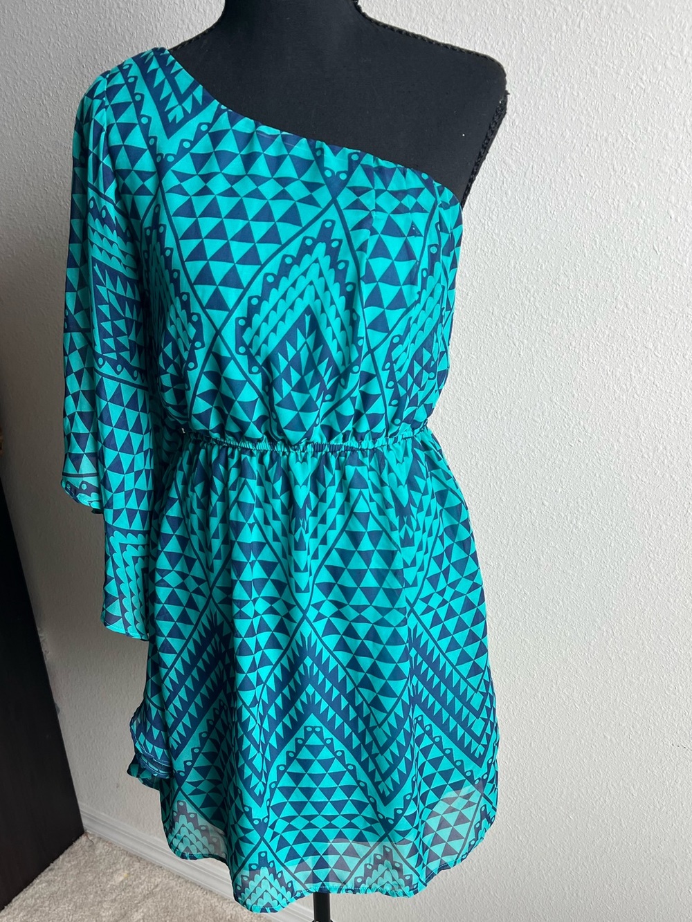 AUW One Shoulder Teal Navy Blue Geometric Print Mini Dress Small Party Wedding